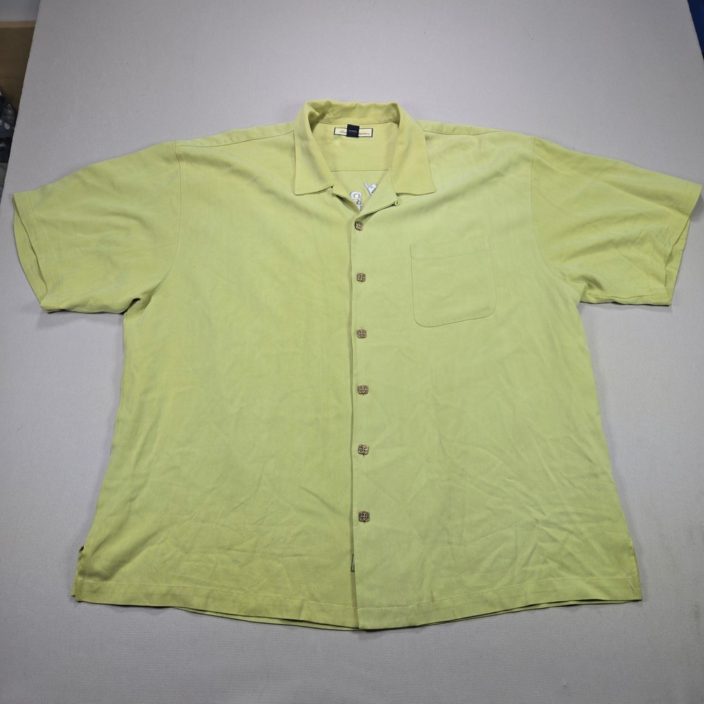 Tommy Bahama Silk Camp Shirt Golf Embroidered Herringbone Green Mens XXL‎